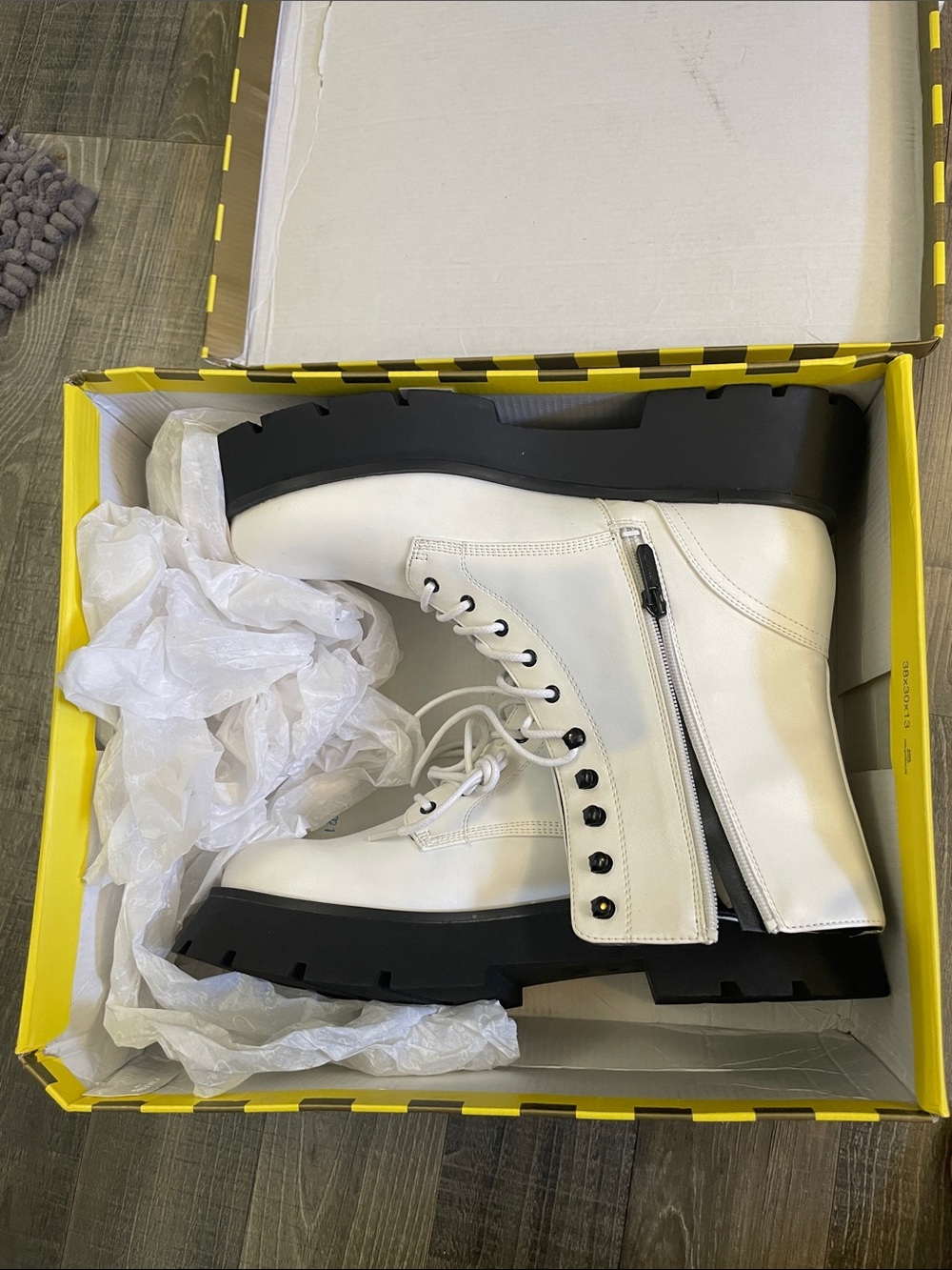 White Combat Boots with Black Lug Sole - Women's Fashion Boot
